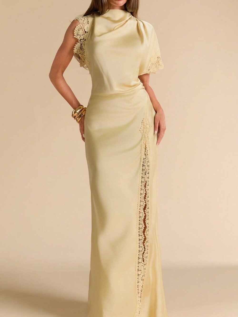 Yellow Casual Women's Mock Neck Contrast Lace Button Split Thigh Maxi Dress